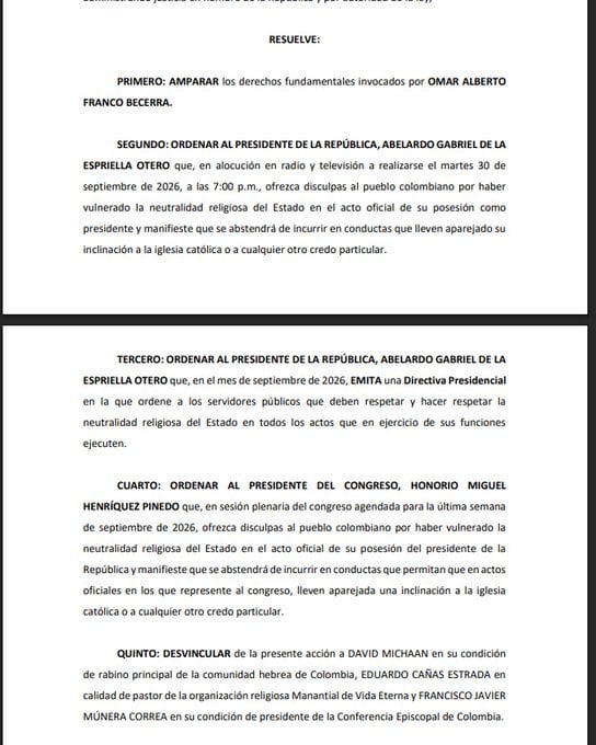 Un Juez de Bogotá ordenó al presidente Abelardo de la Espriella ofrecer disculpas públicas por haber vulnerado la neutralidad religiosa del Estado durante su acto de posesión el pasado 7 de agosto - crédito Blu Radio