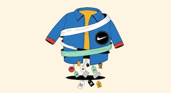 Ilustración de una prenda azul con el logo de Nike y una cinta que la rodea. La parte inferior se desintegra en trozos de tela y etiquetas.
