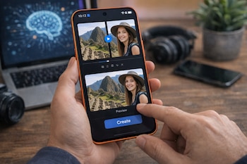 Primer plano de manos sosteniendo un smartphone naranja, con el dedo índice tocando el botón 'Crear' en una pantalla de edición de video. Al fondo, un portátil y auriculares.