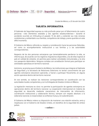 El Gobierno de México dio a conocer que de los dos agentes que estaban en territorio mexicano, uno ingresó al país en calidad de visitante
