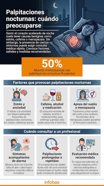 Ilustración de una mujer dormida en la cama con su corazón iluminado y pulsando. Infografía con texto: Palpitaciones nocturnas, 50% mujeres menopáusicas, factores y consulta profesional.