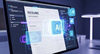 Primer plano de una pantalla de computadora mostrando un documento de currículum digital. Una interfaz holográfica con la sigla AI y elementos de datos lo superpone.