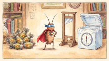 Cucaracha con capa roja y antifaz azul. Pila de bombas, guillotina de madera, congelador blanco con hielo y reloj analógico marcando treinta minutos.