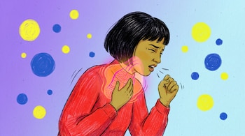 Ilustración de persona con cabello negro y suéter rojo tosiendo, con el cuello resaltado en naranja y fucsia. Fondo violeta a celeste con círculos.