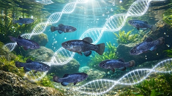 Varios peces Cyprinodon diabolis de escamas azul oscuro nadan en un hábitat acuático con rocas, plantas verdes y estructuras de ADN brillantes.