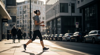 Vista lateral de una persona con ropa deportiva gris y negra, y auriculares blancos, caminando en una acera soleada de la ciudad con edificios y coches.
