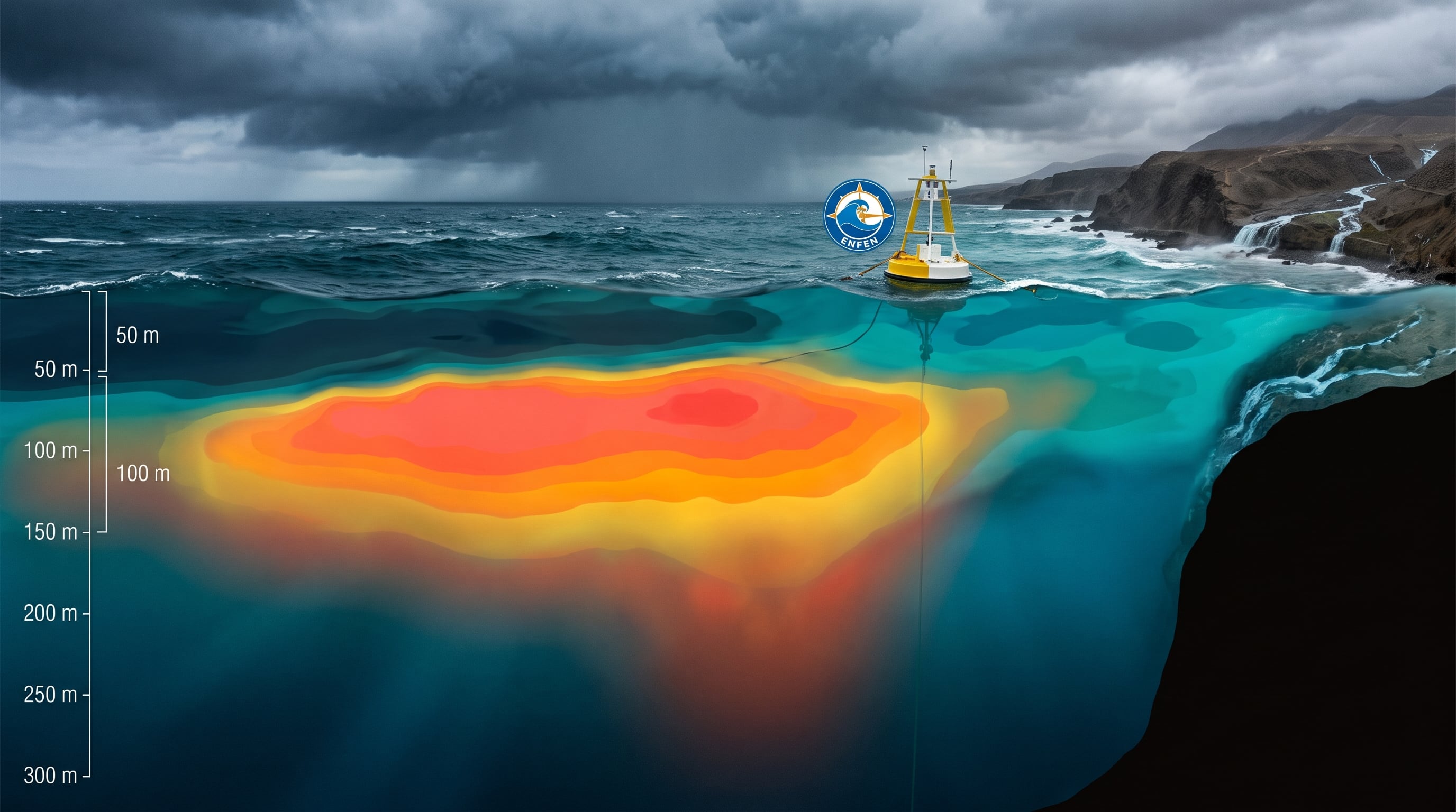 Un corte transversal del océano Pacífico ilustra la concentración de calor entre los 50 y 100 metros de profundidad frente a la costa peruana bajo el monitoreo del ENFEN. (Imagen Ilustrativa Infobae)