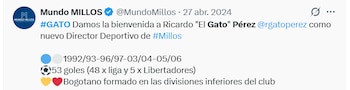 El 27 de abril de 2024 se dio la llegada de Ricardo "El Gato" Pérez como director deportivo de Millonarios - crédito Mundo Millos