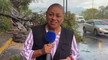 Una mujer sostiene un micrófono azul frente a una calle mojada con ramas de árboles sobre la acera y automóviles circulando.
