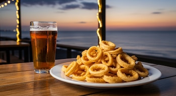 Imagen de un plato con rabas fritas y un vaso de cerveza en una mesa de madera de una terraza. De fondo, el mar y el cielo con luces de atardecer.