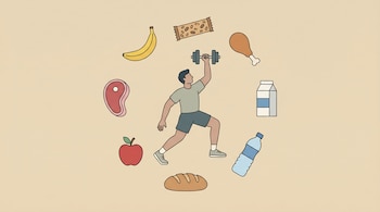 Ilustración plana de una persona levantando una mancuerna. A su alrededor se ven una banana, barrita de cereal, pollo, leche, agua, pan, manzana y un trozo de carne.