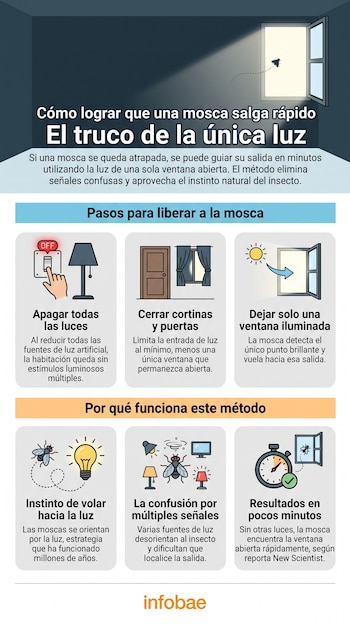 Infografía sobre cómo sacar moscas de un cuarto. Incluye título, texto explicativo, tres iconos de pasos, tres iconos de razones y el logo de Infobae.