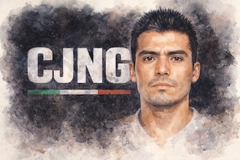 Retrato en acuarela de un hombre joven con rostro cuadrado y cabello oscuro; detrás, el logo CJNG en blanco con una franja tricolor mexicana.