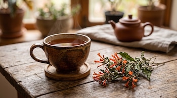 Una taza de té con vapor en un posavasos de madera, junto a flores secas anaranjadas de muicle y una tetera de cerámica.