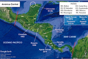 Mapa de América Central con la localización de los principales impactos de meteoritos y cráteres, incluido el de Heredia en 1857 (Foto cortesía Universidad de Costa Rica).