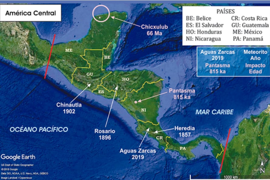 Mapa de América Central con la localización de los principales impactos de meteoritos y cráteres, incluido el de Heredia en 1857 (Foto cortesía Universidad de Costa Rica).