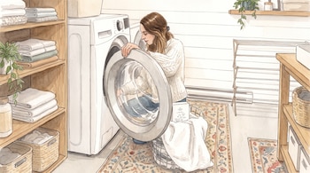 Ilustración de una mujer agachada junto a una lavadora blanca, una cesta con ropa, estanterías con toallas dobladas y plantas.