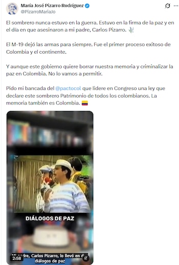 La excongresista e hija del máximo comandante de la guerrilla colombiana M-19 señaló que que los integrantes del movimiento permanecieron en la democracia después de entregar las armas - crédito @PizarroMariaJo/X