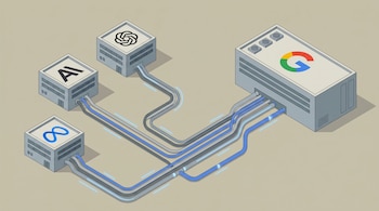 Ilustración isométrica de cuatro centros de datos. Tres (OpenAI, Anthropic, Meta) se conectan con cables azules luminosos a un gran edificio Google.