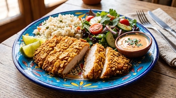 Plato azul con milanesa de pollo cortada, arroz blanco, ensalada con tomate y pepino, limones y un recipiente con salsa.
