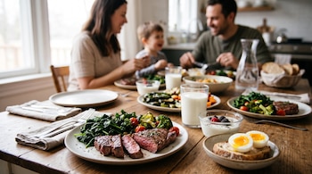 Platos con carne, verduras, huevo duro, yogur y un vaso de leche sobre una mesa de madera con tres personas sentadas al fondo.