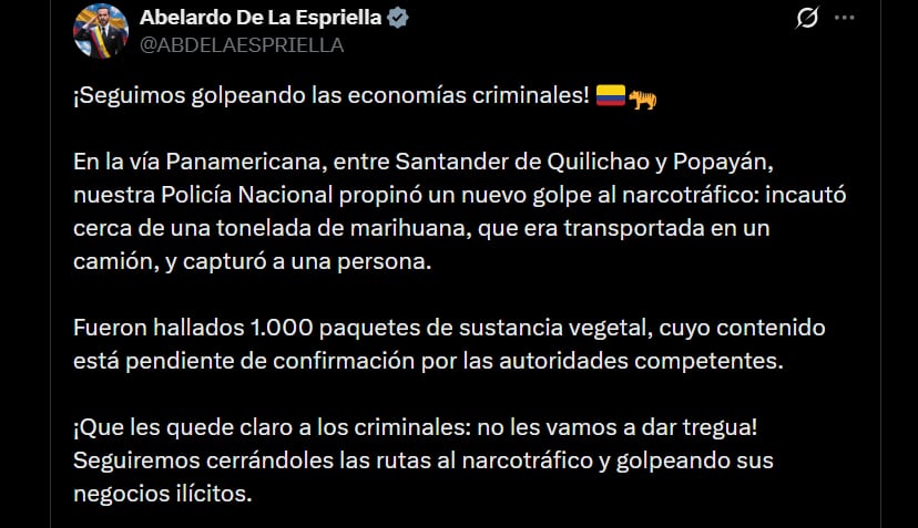 Más de 1.000 paquetes con marihuana fueron incautados en la Vía Panamericana, con una tonelada del estupefaciente, según el presidente De la Espriella - crédito @ABDELAESPRIELLA/X