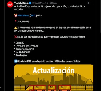 La manifestación en la avenida Caracas con calle 22 obligó a suspender el servicio en estaciones clave del transporte público - crédito X