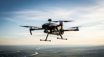Un dron moderno, oscuro con detalles amarillos, y una cámara frontal, vuela suspendido en el aire contra un cielo azul claro con nubes y un vasto paisaje montañoso con un río.
