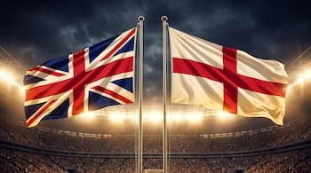 Dos banderas grandes ondean en un estadio de fútbol con la multitud borrosa. Bandera del Reino Unido a la izquierda y bandera de Inglaterra a la derecha.