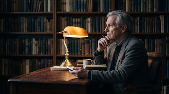 Hombre de perfil en un escritorio con una lámpara encendida, un teléfono inteligente en la mano y estantes con libros al fondo.