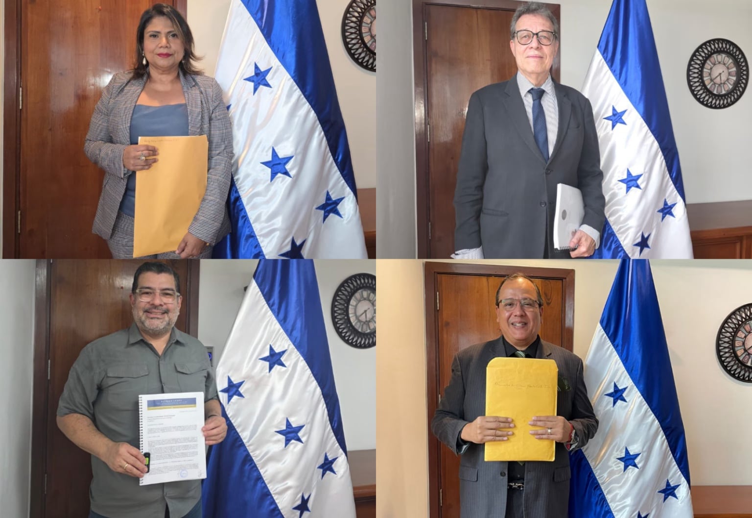 Algunos de los profesionales que han presentado su autopostulación para integrar el CNE y el TJE, en un proceso que continúa abierto y que busca renovar las autoridades electorales en Honduras. (FOTO: X)