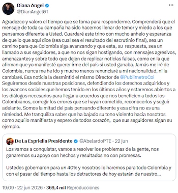 Diana Ángel respondió a cuenta de seguidores de De la Espriella: solicita debate sin amenazas ni desinformación - crédito @DianAngel01/X
