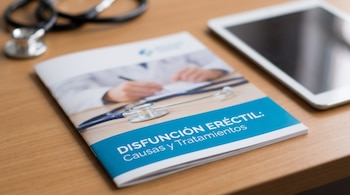 Folleto con el título Disfunción Eréctil: Causas y Tratamientos, un estetoscopio y una tableta digital sobre una mesa de madera.