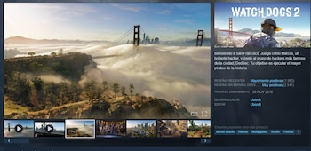 Captura de interfaz con una vista del puente Golden Gate entre niebla, la imagen promocional de Watch Dogs 2 y texto sobre el videojuego