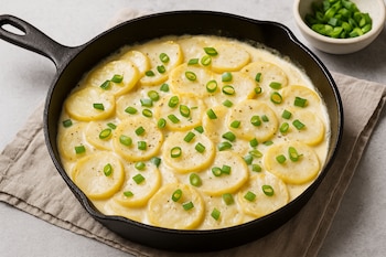 Las papas se cocinan en láminas finas junto a crema, leche y verdeo, logrando una textura suave y mantecosa (Imagen Ilustrativa Infobae)