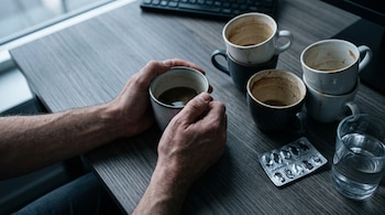Dos manos sostienen una taza de café junto a cuatro tazas vacías, un blíster de pastillas vacío y un vaso con agua sobre un escritorio de madera.