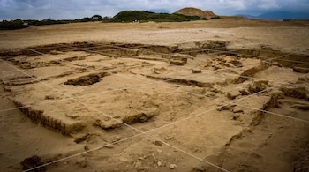 Terreno de arena excavado con una red de líneas blancas superpuestas, restos de estructuras antiguas y un fragmento de vasija.