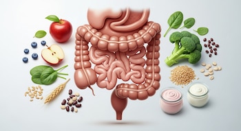 Ilustración de un intestino humano rosado y sano, flanqueado por manzanas, arándanos, espinacas, brócoli, granos, legumbres variadas y yogures.