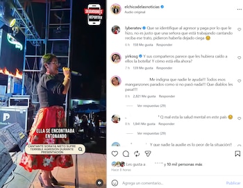 Cantante Soraya Nieto en escenario con micrófono, luces y parlantes. Interfaz de Instagram con comentarios sobre la agresión sufrida por la artista