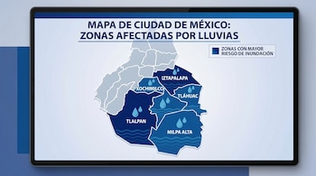 Pantalla de tablet muestra un mapa de la Ciudad de México con cinco alcaldías resaltadas en azul oscuro, indicando zonas de riesgo de inundación.
