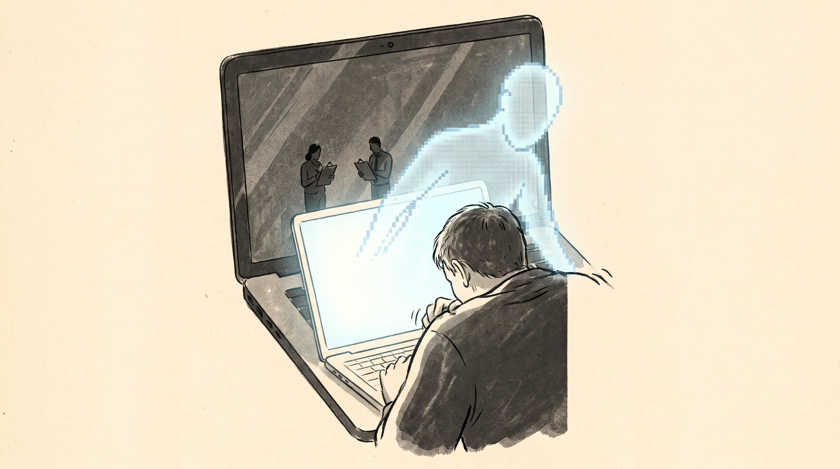 Un candidato trabaja ante su computadora portátil mientras una figura digital emerge de la pantalla bajo la observación de dos evaluadores. (Imagen Ilustrativa Infobae)