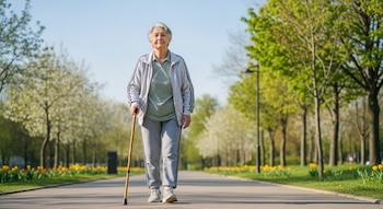 Mujer adulta mayor caminando con bastón en un sendero. Viste chaqueta gris y pantalones deportivos. Fondo de árboles, césped y flores amarillas.