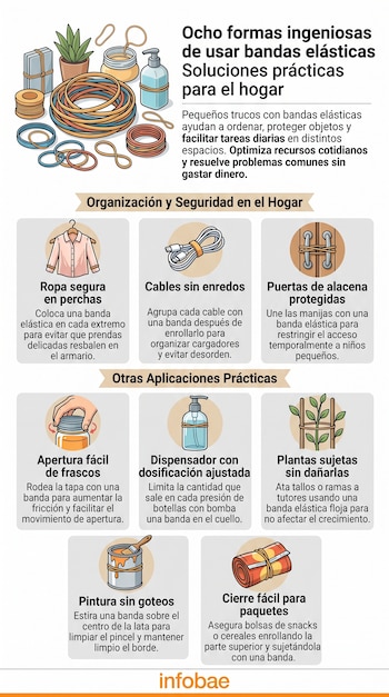 Infografía con ilustraciones de una camisa en percha, un cable, un frasco, una planta y bandas elásticas.