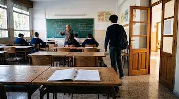 Aula de colegio con un profesor junto al pizarrón verde, alumnos en pupitres de madera y un cuaderno abierto en primer plano.