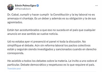El viceministro Edwin Palma respondió a los reclamos del presidente de Fenalco, Jaime Alberto Cabal - crédito @PalmaEdwin/X