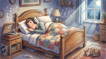 Ilustración de un hombre acostado en una cama con auriculares, un tocadiscos en la mesa de noche y un gato dormido en la alfombra.