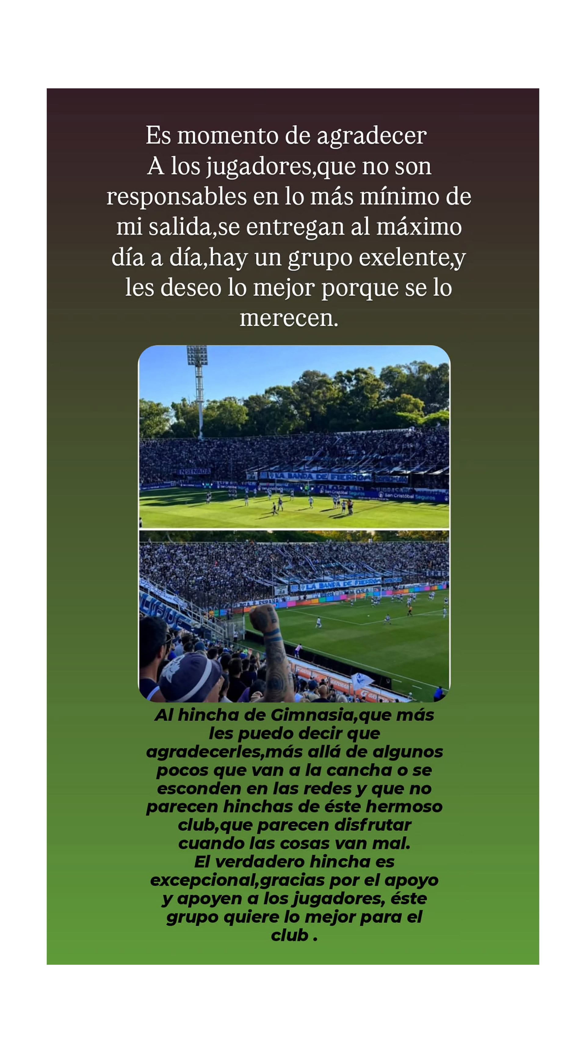 El agradecimiento de Zaniratto a los jugadores y los hinchas (@ferluchozaniratto)