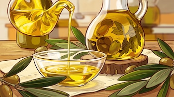 Una mano vertiendo aceite de oliva dorado de una jarra a un cuenco de cristal transparente, con una botella de aceite y ramas de olivo con frutos.