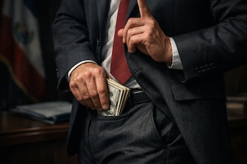 Un hombre con traje y corbata roja introduce dólares en su bolsillo. Su otra mano levanta el dedo índice, indicando silencio. Al fondo, una bandera difuminada.