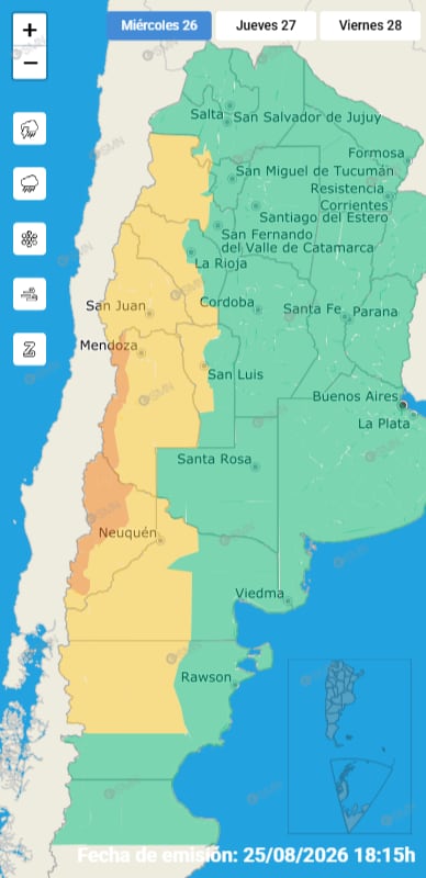 El SMN emitió alertas por viento Zonda, ráfagas intensas, nevadas y lluvias para distintas regiones del país